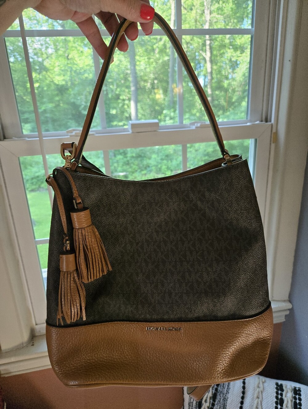 Michael Kors Monogram And Brown Leather Bucket Bag